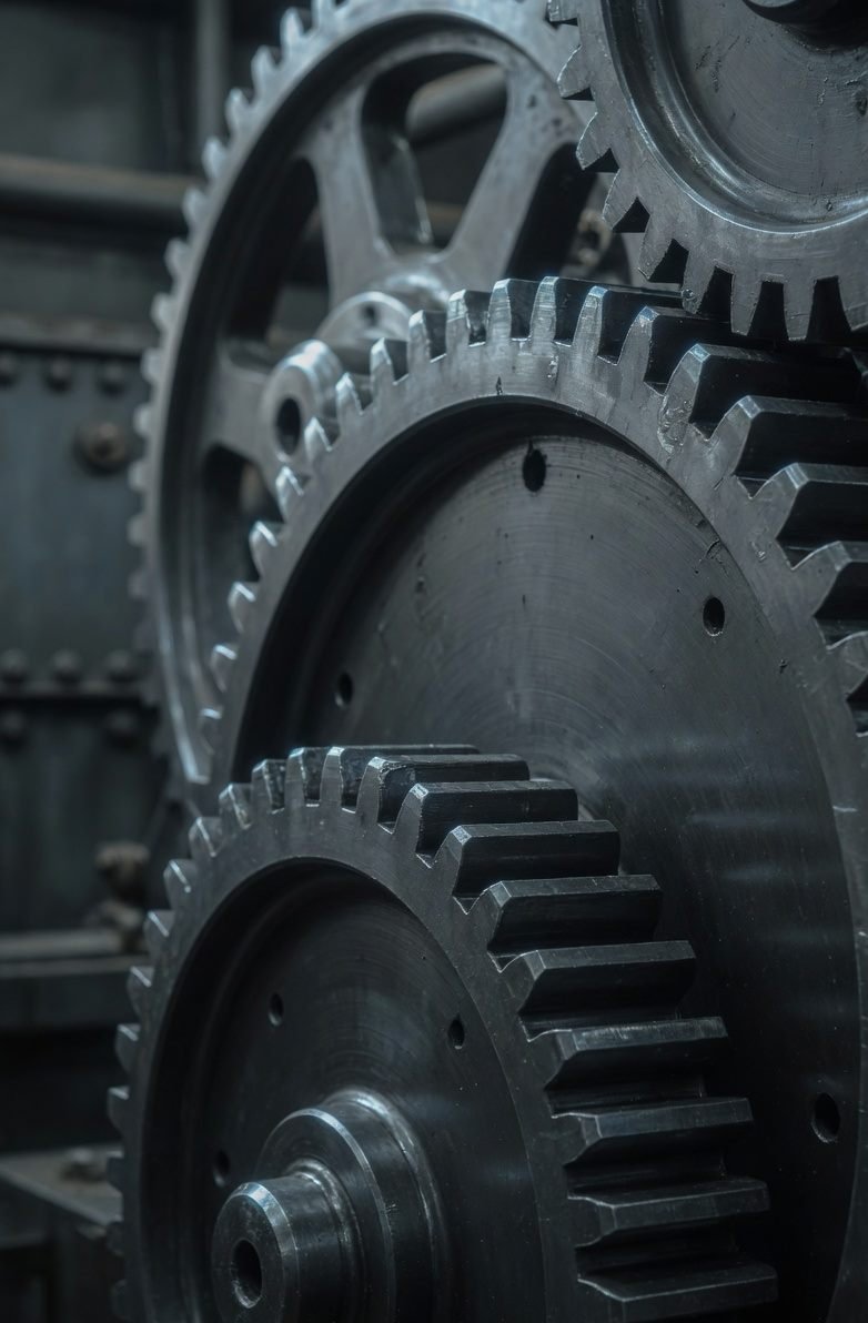 Close-up of interlocking industrial steel gears
