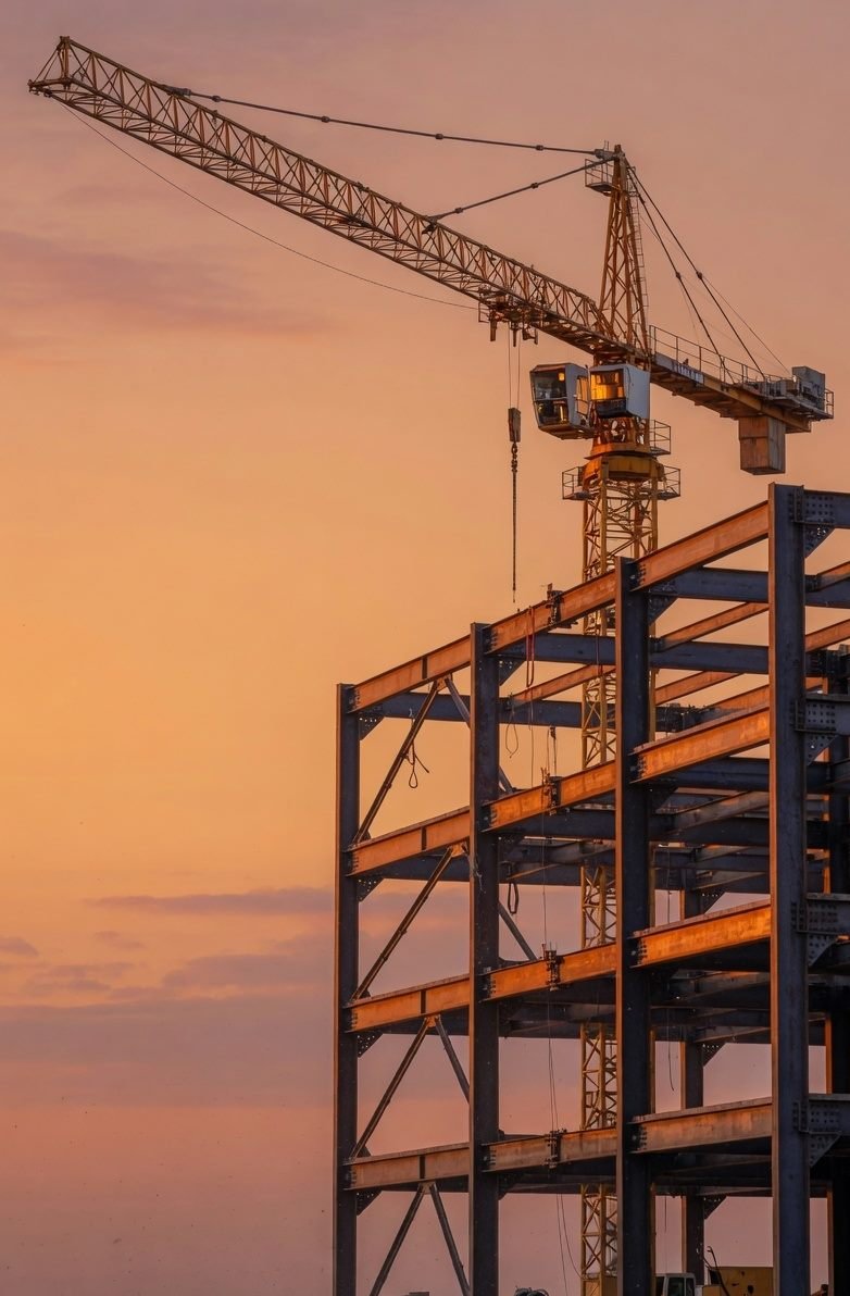 Construction crane and steel frame at sunset