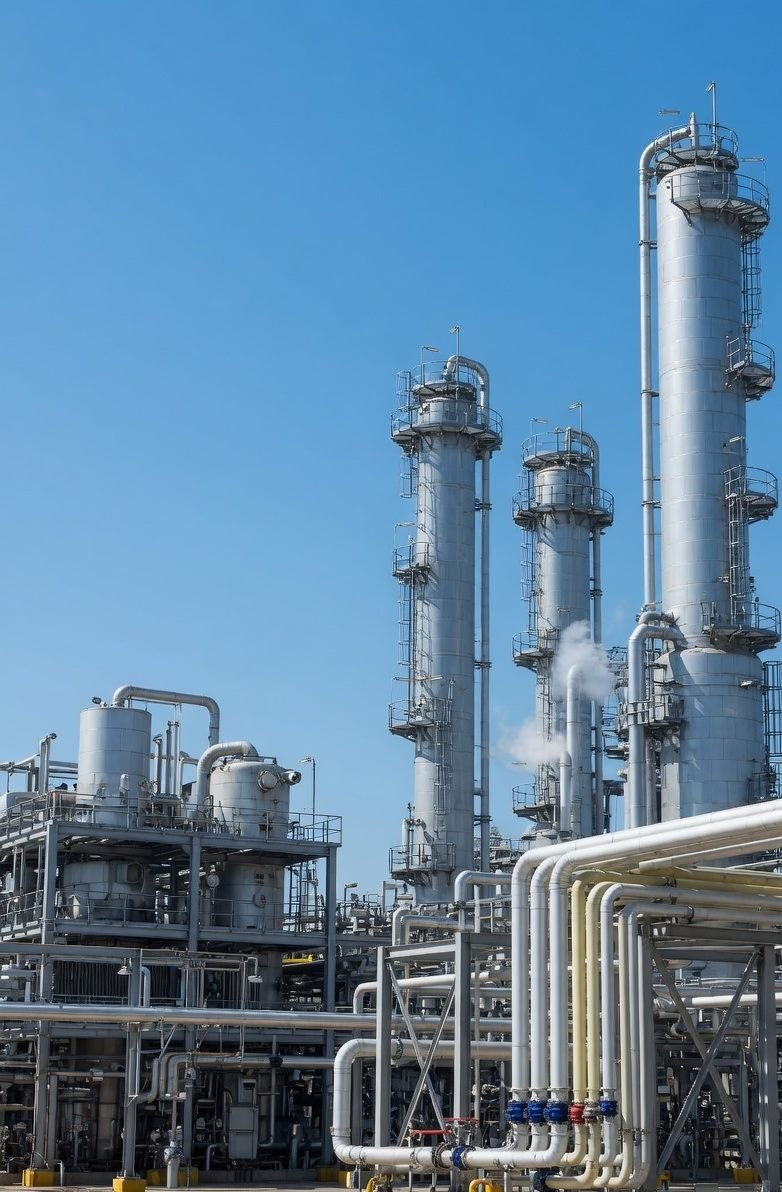 Industrial plant towers and piping under a blue sky