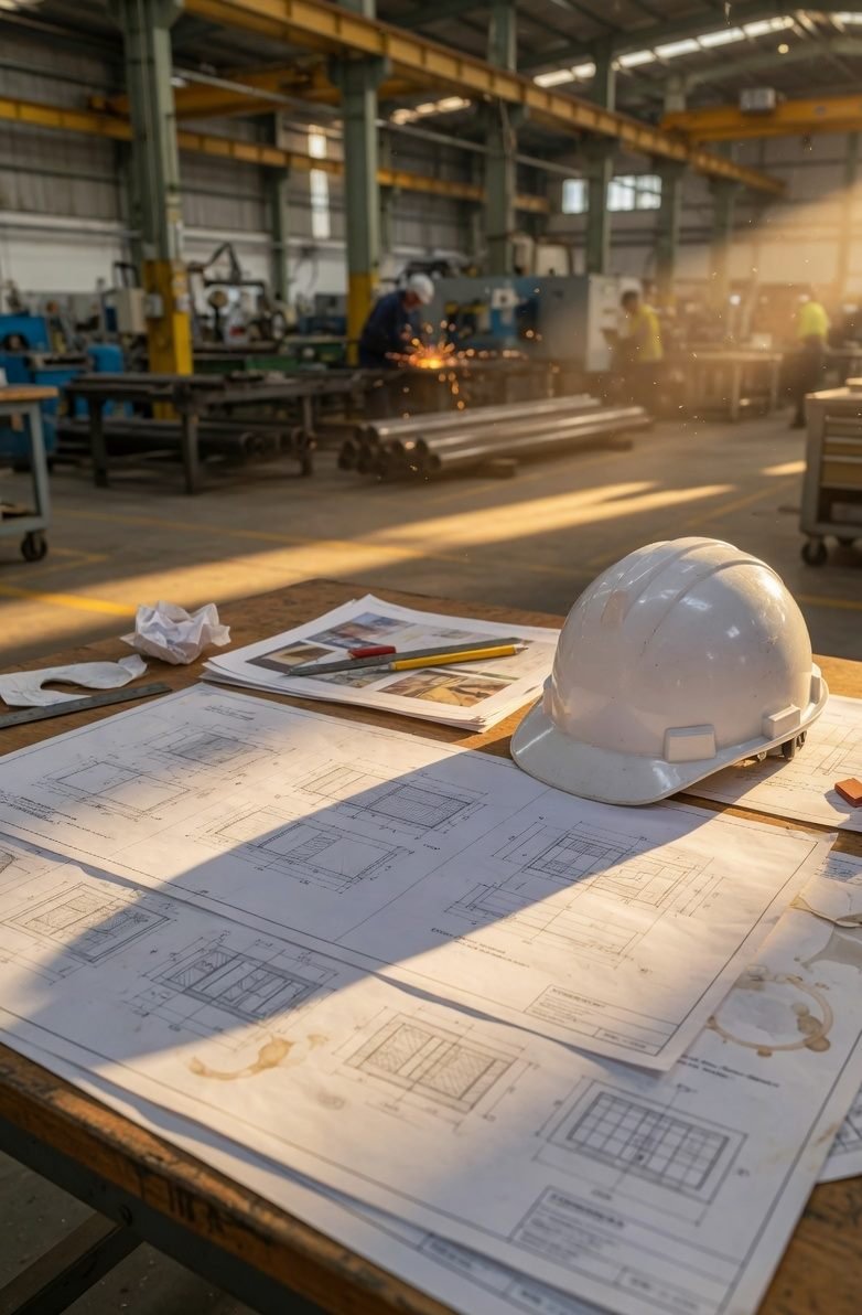 Hard hat and engineering drawings in a workshop