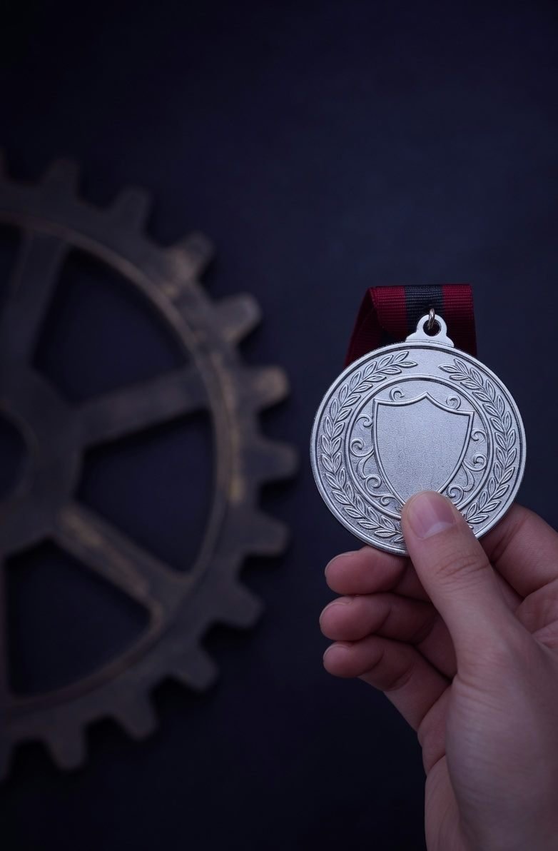 Hand holding a quality certification medal